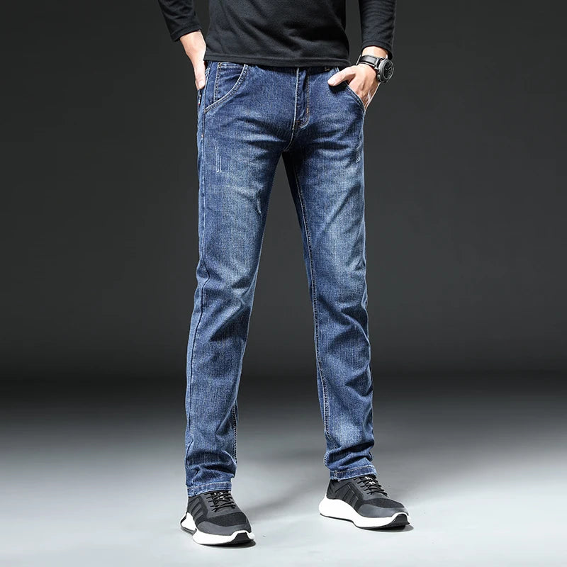 Jeans Men Autumn Midweight Blue Slim Straight Denim Pants